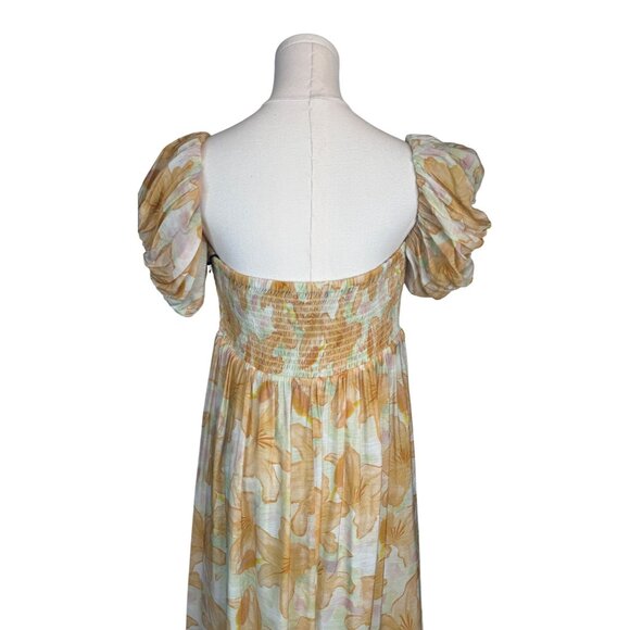 NWT ASTR XL The Label Orange Tropical Maxi Dress Puff Sleeves & Tie Front - Picture 13 of 16